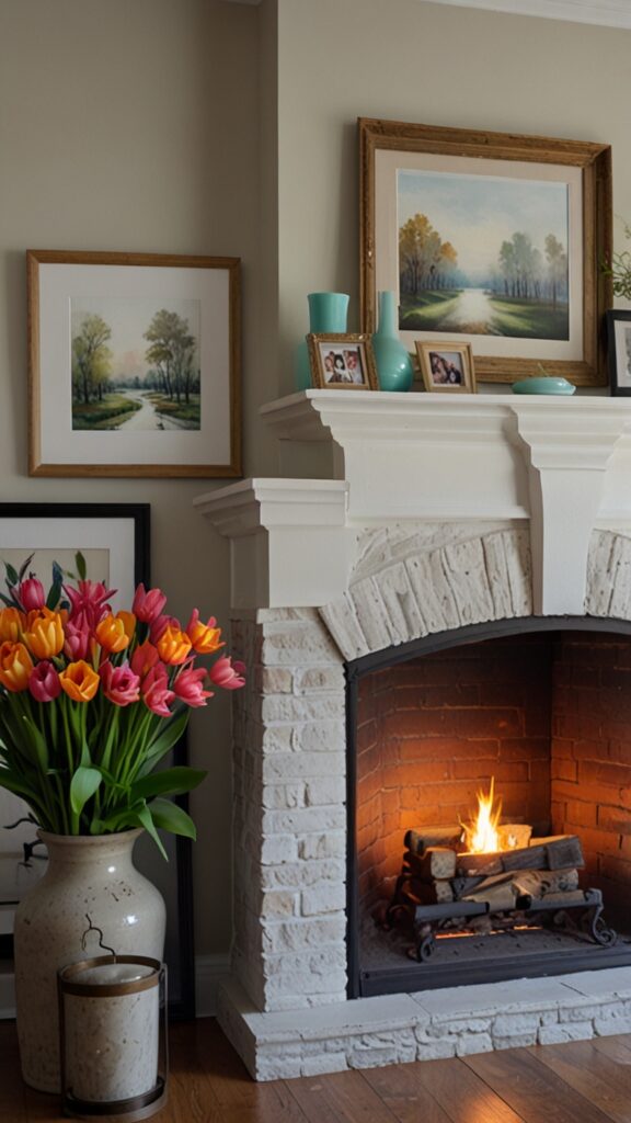 Spring mantel decor, seasonal refresh, modern mantel, spring color trends ,Benjamin more Fireplace ,new bm Fireplace design, modern Fireplace 