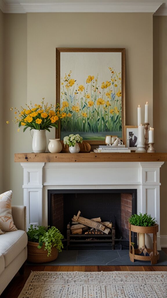 Spring mantel decor, seasonal refresh, modern mantel, spring color trends ,Benjamin more Fireplace ,new bm Fireplace design, modern Fireplace 