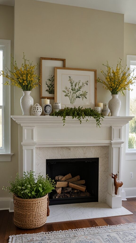 Spring mantel decor, seasonal refresh, modern mantel, spring color trends ,Benjamin more Fireplace ,new bm Fireplace design, modern Fireplace 