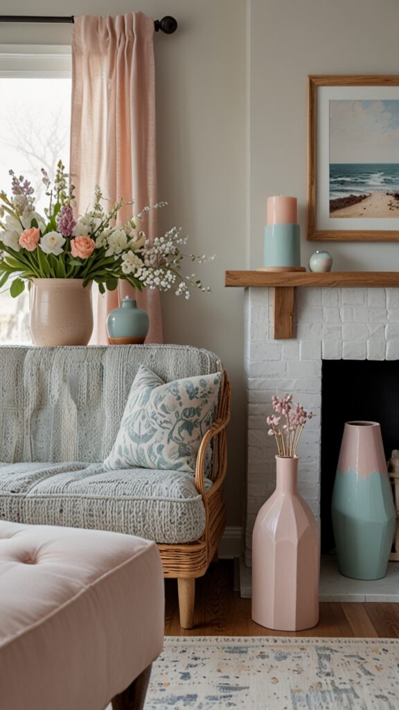 Spring mantel decor, seasonal refresh, modern mantel, spring color trends ,Benjamin more Fireplace ,new bm Fireplace design, modern Fireplace makeovers,Benjamin more spring colors,,remodel ,  Fireplace hues 