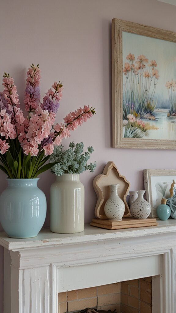 Spring mantel decor, seasonal refresh, modern mantel, spring color trends ,Benjamin more Fireplace ,new bm Fireplace design, modern Fireplace makeovers,Benjamin more spring 