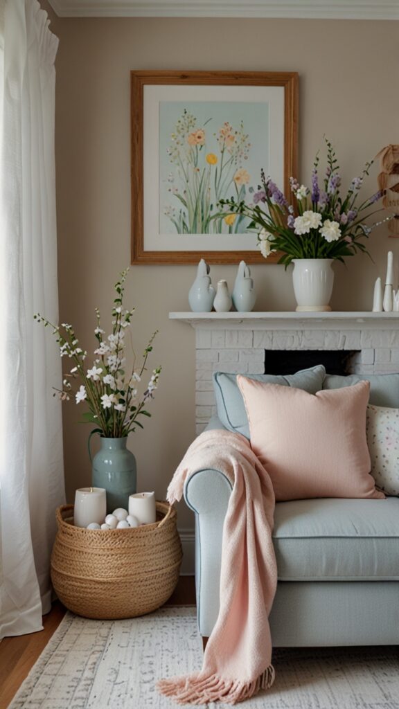 Spring mantel decor, seasonal refresh, modern mantel, spring color trends ,Benjamin more Fireplace ,new bm Fireplace design, modern Fireplace makeovers,Benjamin more spring colors,,remodel ,  Fireplace hues 