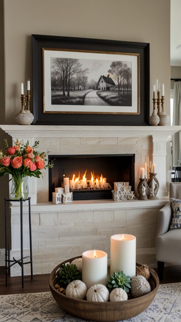 Spring mantel decor, seasonal refresh, modern mantel, spring color trends ,Benjamin more Fireplace ,new bm Fireplace design, modern Fireplace 