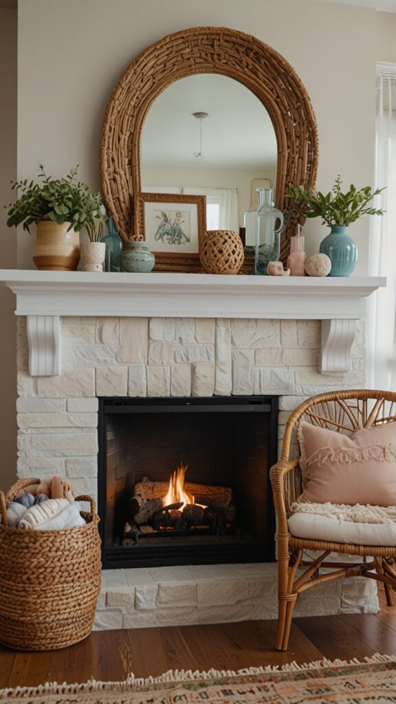 Spring mantel decor, seasonal refresh, modern mantel, spring color trends ,Benjamin more Fireplace ,new bm Fireplace design, modern Fireplace 