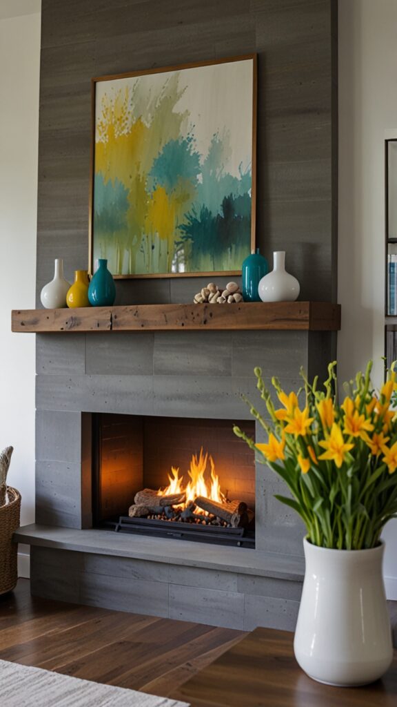 Spring mantel decor, seasonal refresh, modern mantel, spring color trends ,Benjamin more Fireplace ,new bm Fireplace design, modern Fireplace 