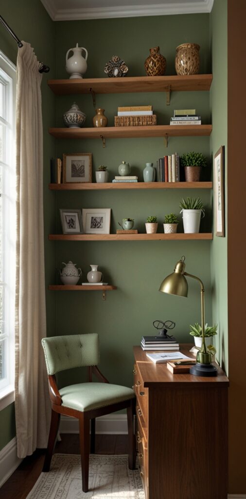 Home office decor, Sage green decor, Modern office design, Workspace color scheme, Green office accents