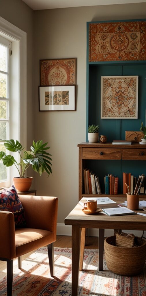 Bohemian home office design, Earth tone office decor, Bohemian office furniture, Desert-inspired home office, Natural materials home office