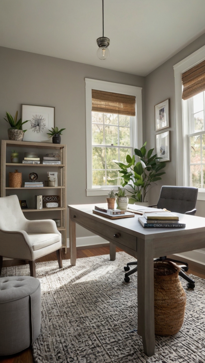 Agreeable Gray office design, gray office inspiration, serene office decor, productive workspace ideas, soothing office color palette