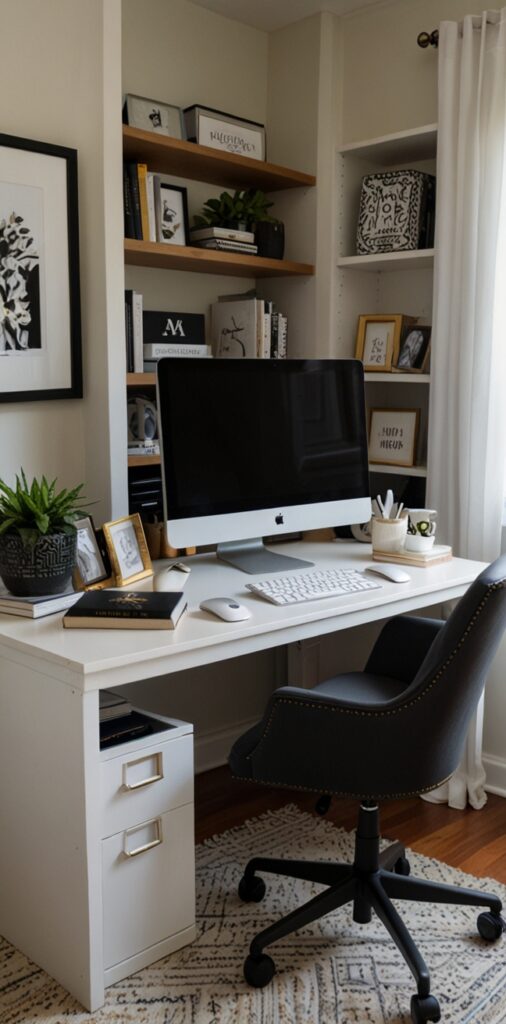 black desk styling, modern office decor, workspace transformation, home office design, office desk makeover