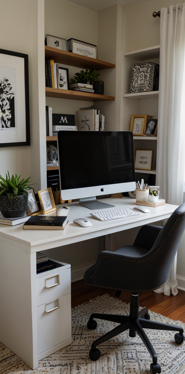 black desk styling, modern office decor, workspace transformation, home office design, office desk makeover