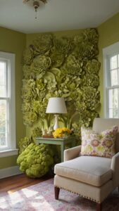 Broccoflower wall color, Unique wall paint ideas, Uplifting interior design, Creative wall color schemes, Colorful home decor