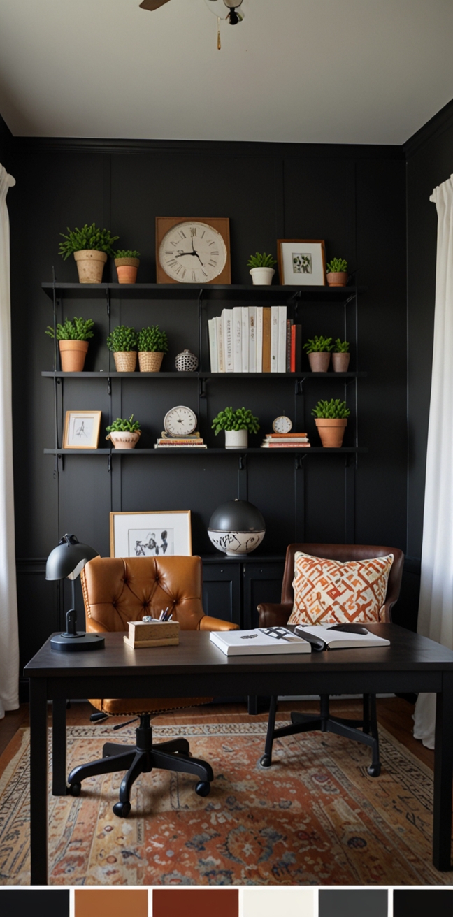 home office design, industrial office decor, black iron office, cozy workspace, warm home office