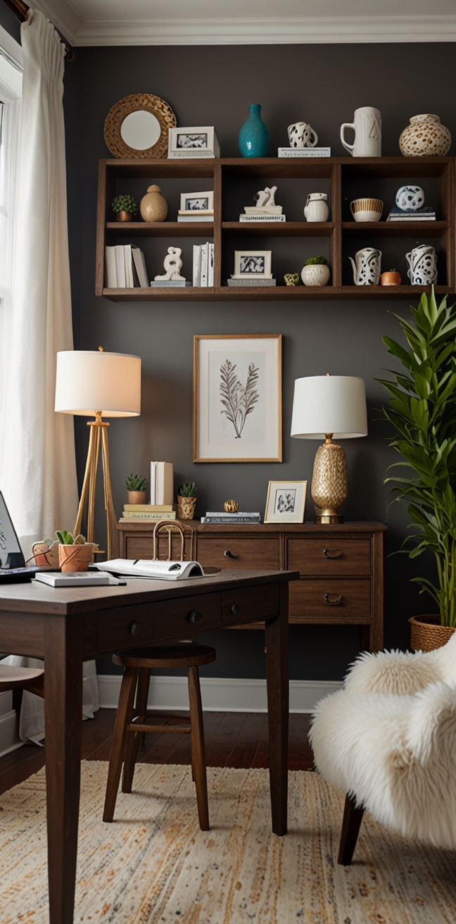 Home office decor, Cozy home office design, Winter office makeover, Office interior inspiration, Warm workspace ambiance
