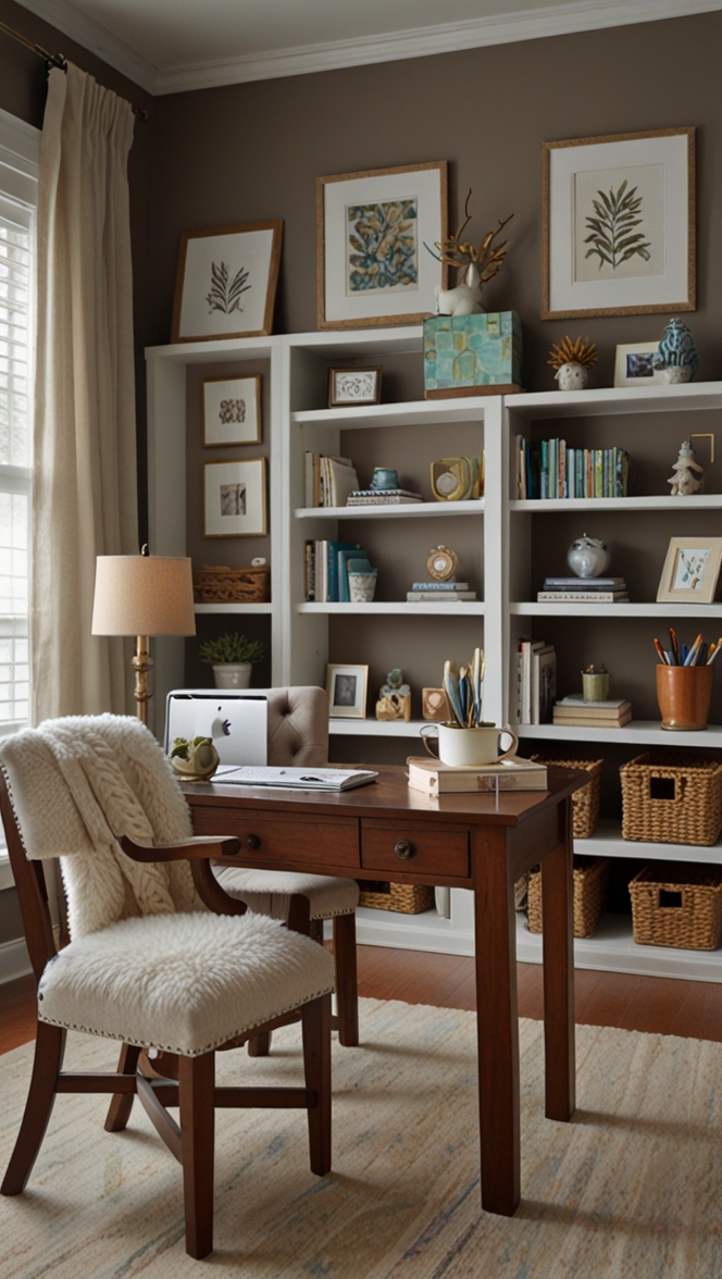 Cozy home office decor, Winter home office ideas, Hygge workspace design, Warm and inviting office setup, Comfortable home office ambiance