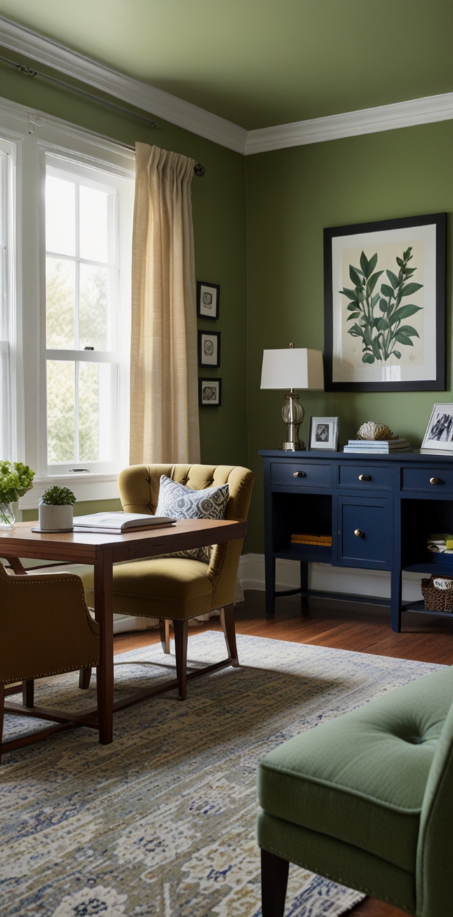 sage green office decor, navy home office design, office guest room ideas, sage green and navy color scheme, home office decorating tips