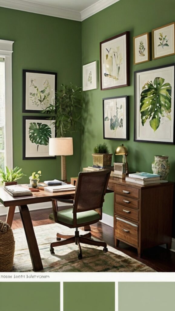Botanical wallpaper, Living wall decor, Green office design, Indoor plant decoration, Botanical-themed workspace