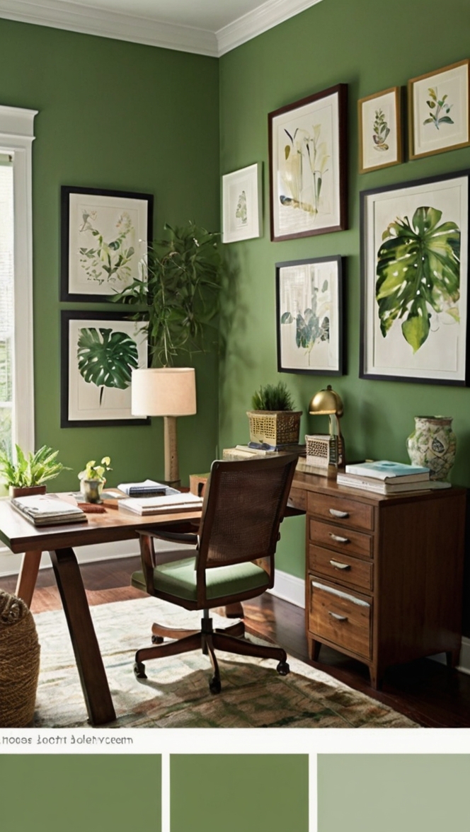 Botanical wallpaper, Living wall decor, Green office design, Indoor plant decoration, Botanical-themed workspace