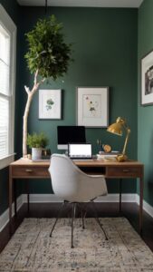 Evergreen fog wallpaper, modern home office decor, moody home office design, home office renovation, home office interior design