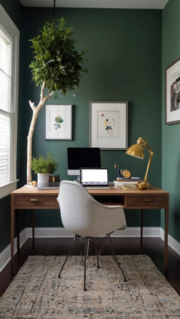 Evergreen fog wallpaper, modern home office decor, moody home office design, home office renovation, home office interior design