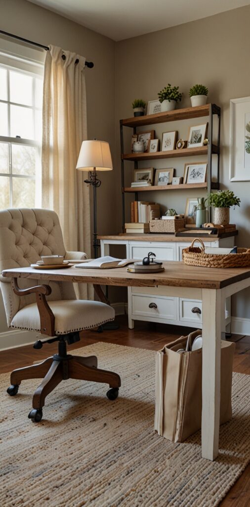 Cozy home office decor, Rustic farmhouse office design, Vintage home office ideas, Country chic workspace, Shabby chic office décor