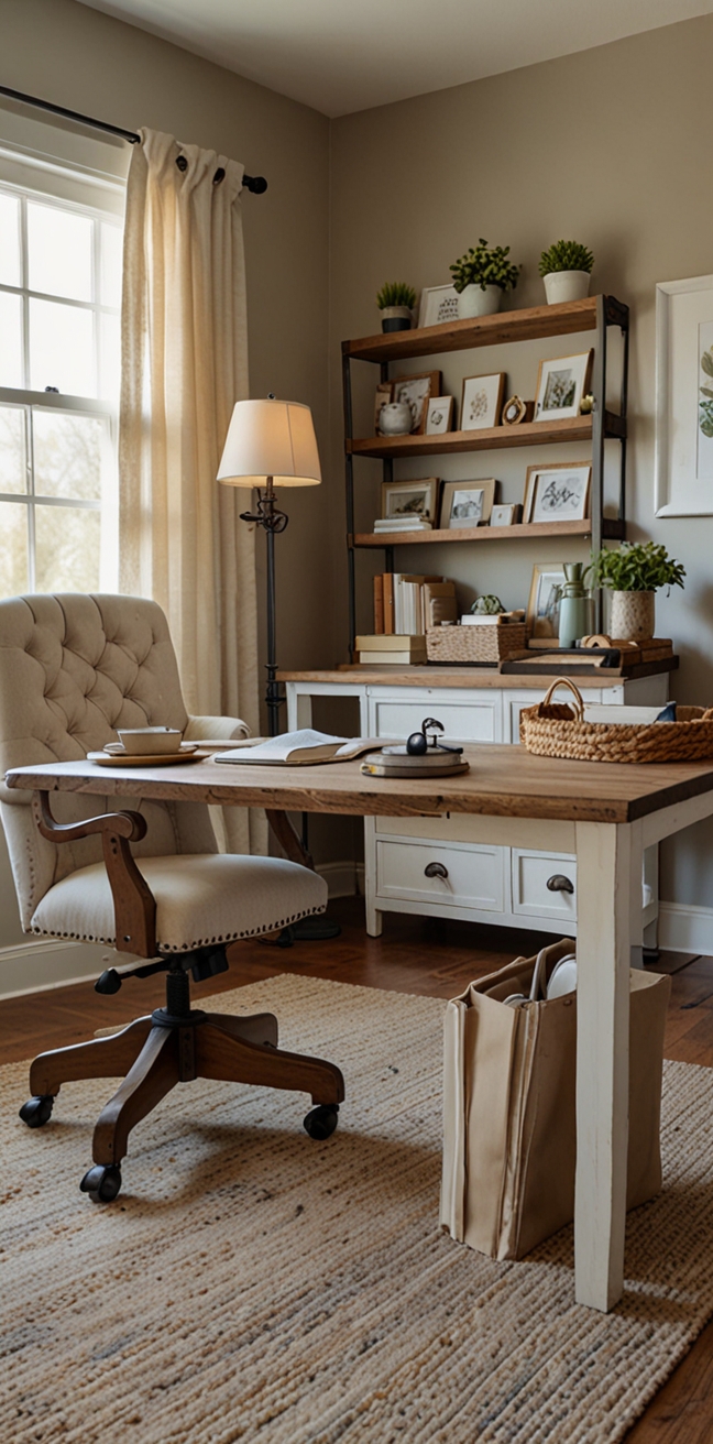 Cozy home office decor, Rustic farmhouse office design, Vintage home office ideas, Country chic workspace, Shabby chic office décor