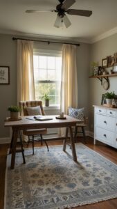 farmhouse decor, cozy office, rustic furniture, vintage accents, home office design