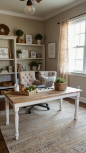 Farmhouse decor, Home office design, Rustic furniture, Vintage accessories, Budget-friendly home decor