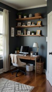 Home office decor, Modern TV room design, Interior design inspiration, Stylish workspace, Cozy living area