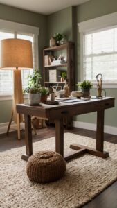 Cozy office decor, Earthy office design, Office haven ideas, Cozy workspace inspiration, Earthy home office aesthetics