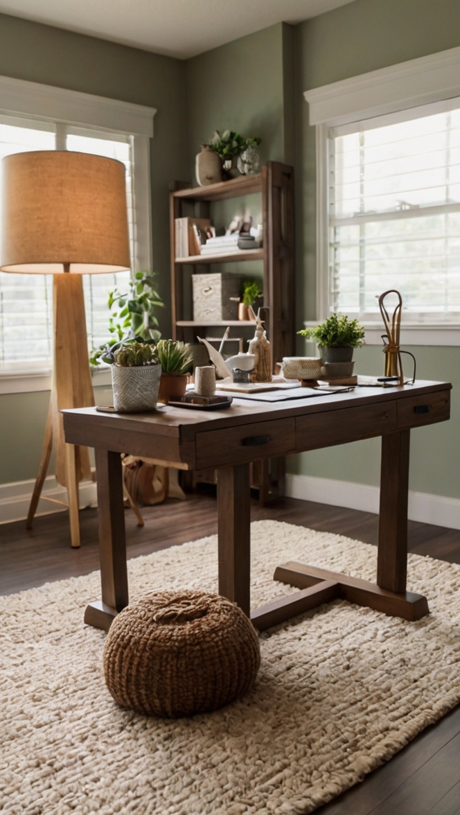 Cozy office decor, Earthy office design, Office haven ideas, Cozy workspace inspiration, Earthy home office aesthetics