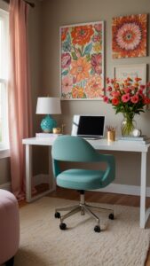 feminine office decor, stylish office design, elegant workspace, chic home office, sophisticated office aesthetics