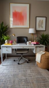 office interior design, professional office decor, female boss office style, chic office accessories, personalized office space