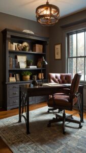 Masculine office decor, Cozy workspace design, Iron Mountain paint color, Office interior inspiration, Industrial office makeover