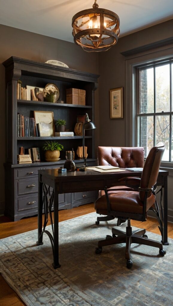 Masculine office decor, Cozy workspace design, Iron Mountain paint color, Office interior inspiration, Industrial office makeover