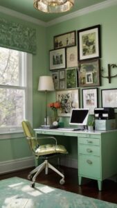 Jadite green decor, Vintage office design, Retro office aesthetic, Jadite green furniture, Vintage home office