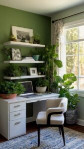 home office decor, kale green, focal point, interior design, home accessories