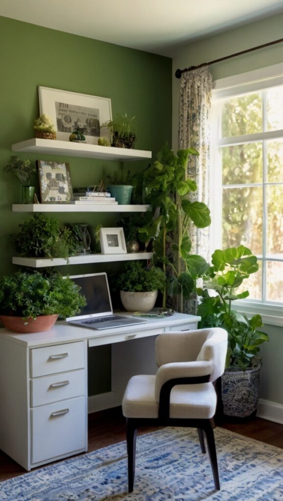 home office decor, kale green, focal point, interior design, home accessories