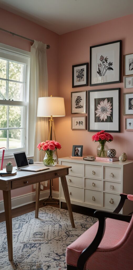 modern home office design, feminine workspace decor, stylish office interior, chic home office setup, elegant desk accessories
