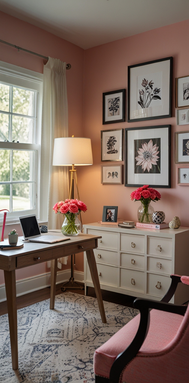 modern home office design, feminine workspace decor, stylish office interior, chic home office setup, elegant desk accessories