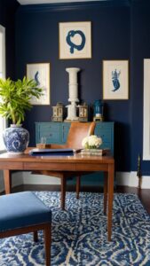 home office organization, blue office decor, navy blue office ideas, elegant home office design, sophisticated workspace design
