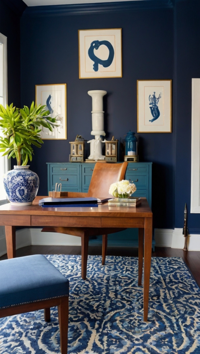 home office organization, blue office decor, navy blue office ideas, elegant home office design, sophisticated workspace design