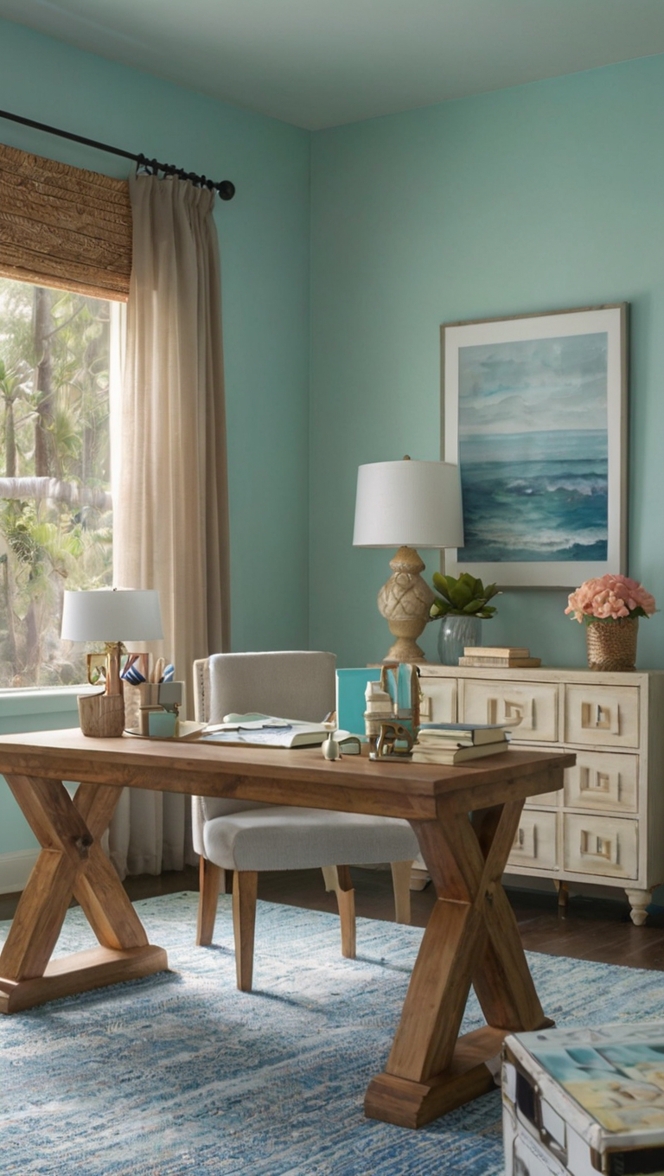 beach inspired office decor, coastal office design, serene office space, ocean color scheme, tranquility in the workplace