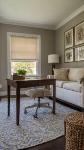 Revere Pewter paint, best warm neutral paint, office design ideas, Benjamin Moore paint colors, stylish office decor