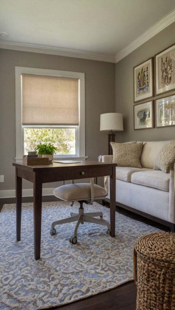 Revere Pewter paint, best warm neutral paint, office design ideas, Benjamin Moore paint colors, stylish office decor