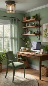 Sage green office decor, Sage green home office, Sage green workspace ideas, Sage green home office design, Sage green office furniture