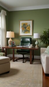 decorate office, green office decor, sage green decor, office design ideas, modern office decor