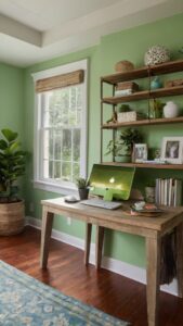 Slow Green Home Office Decor, Calming Retreat Design, Green Office Makeover, Peaceful Workspace Ideas, Tranquil Office Renovation
