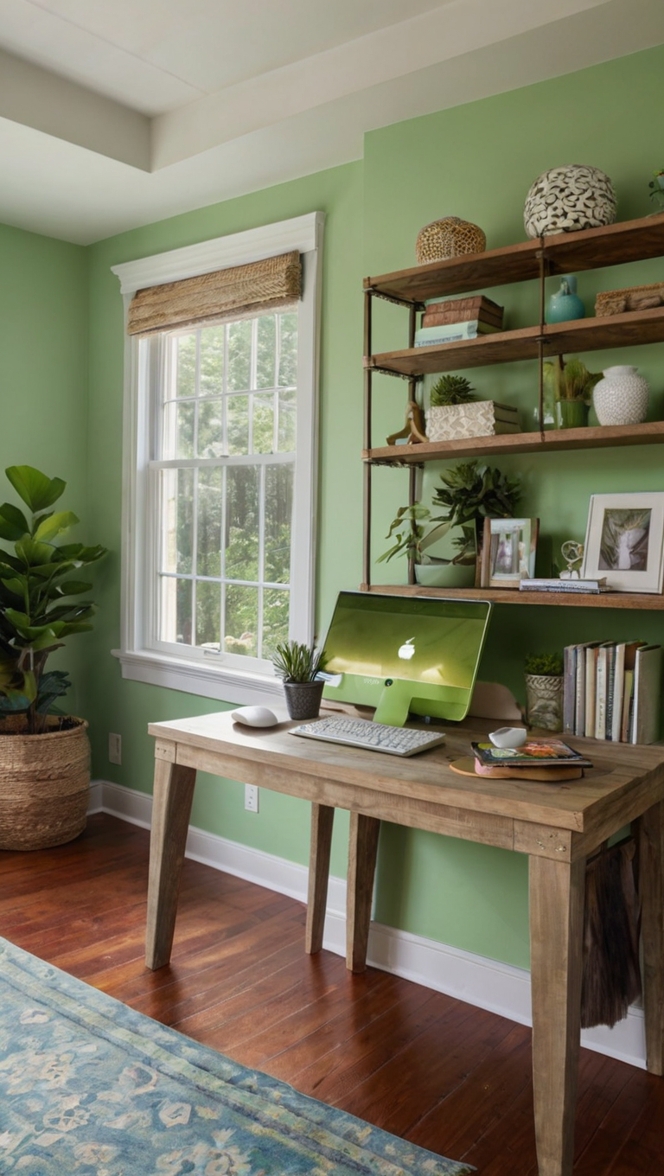 Slow Green Home Office Decor, Calming Retreat Design, Green Office Makeover, Peaceful Workspace Ideas, Tranquil Office Renovation