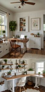 Farmhouse-inspired home office, Alabaster farmhouse decor, Home office design ideas, White farmhouse style, Farmhouse office furniture