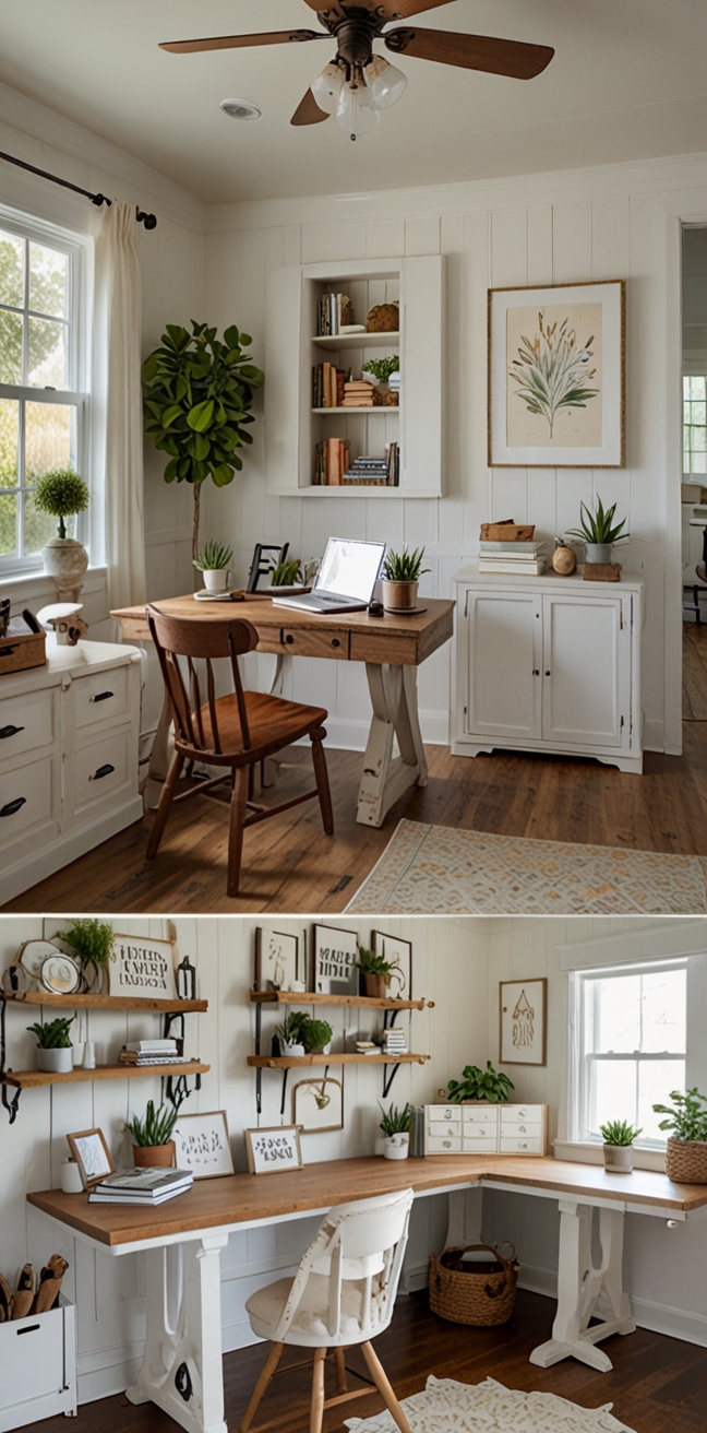 Farmhouse-inspired home office, Alabaster farmhouse decor, Home office design ideas, White farmhouse style, Farmhouse office furniture
